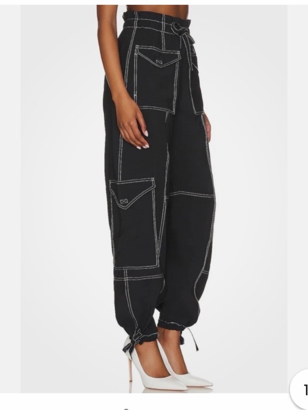 Ganni Black Cargo Jogger Pants with White Contrast Stitching